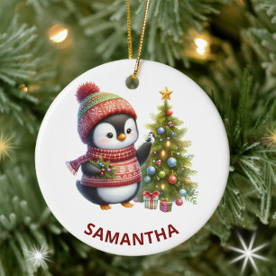 Ornamento De Cerâmica Feliz Pinguim Bonito de Natal com Árvore de Natal