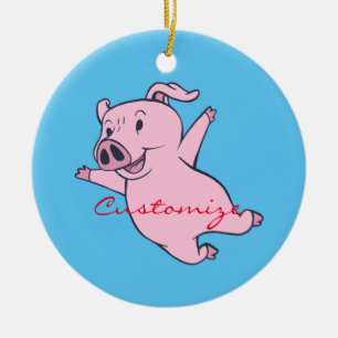 Ornamento De Cerâmica Feliz Porco Rosa Saltando Trovão_Cove