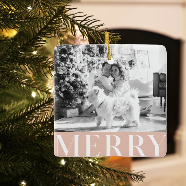 Ornamento De Cerâmica Feliz rosa pastel e foto da família | Férias feliz (Criador carregado)