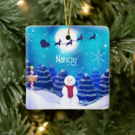 Ornamento De Cerâmica Feliz Snowman Personalizado de Natal