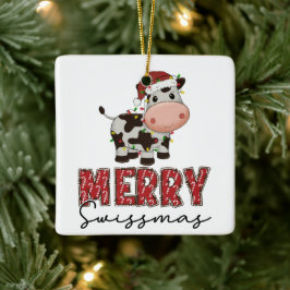 Ornamento De Cerâmica Feliz Swissmas. Vaca suíça festiva