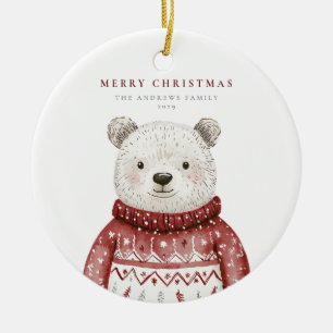 Ornamento De Cerâmica Feliz Urso de Natal em um Suéter