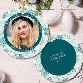 Ornamento De Cerâmica Feliz verde em floco de neve Brilhante e Foto de N