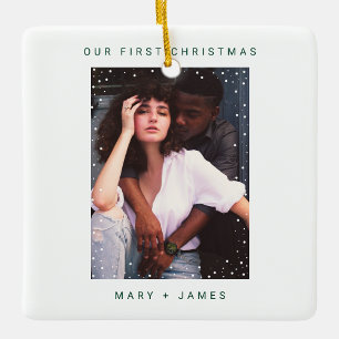 Ornamento De Cerâmica Feliz Verde Escura e Foto Casada