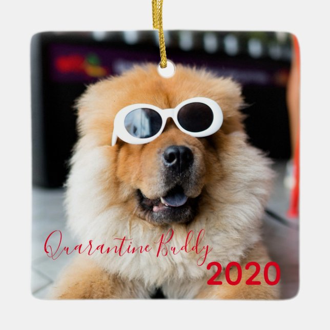 Ornamento De Cerâmica Feliz Vermelha de Quarentena Budia Natal (Frente)