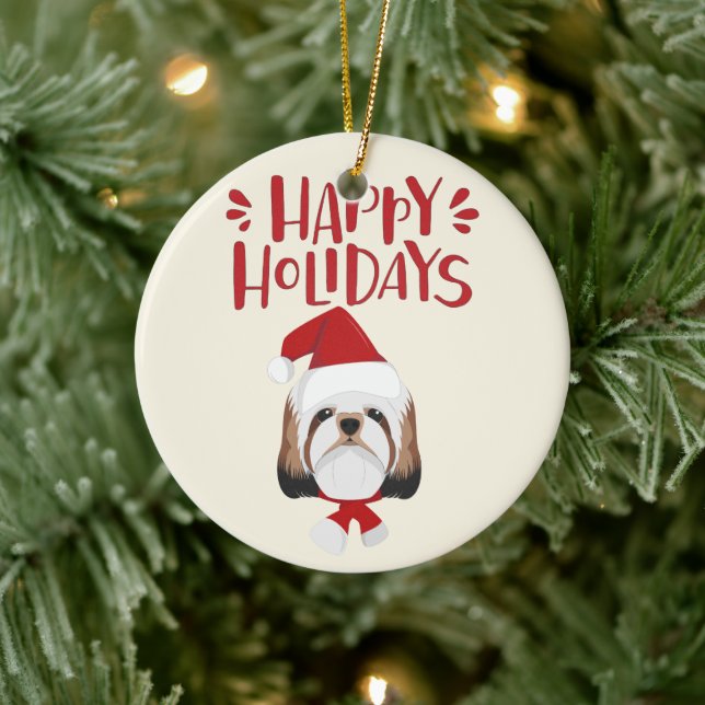 Ornamento De Cerâmica Felizes Feriados - Cute Shih Tzu Christmas (Árvore)