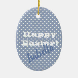 Ornamento De Cerâmica Felz pascoa Bolinhas Azul Vintage Personalizável