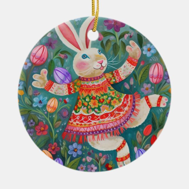 Ornamento De Cerâmica Felz pascoa Bunny Dance (Frente)