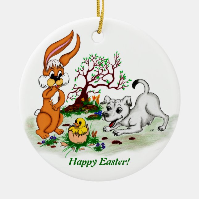 Ornamento De Cerâmica Felz pascoa! Welpe, Küken, Hase (Frente)