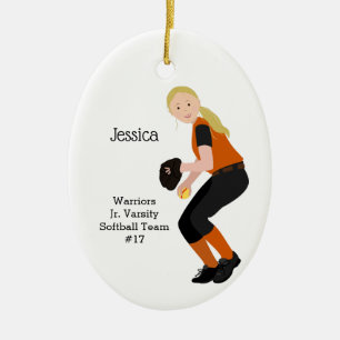 Ornamento De Cerâmica Fêmea de Softball de Preto e Laranja