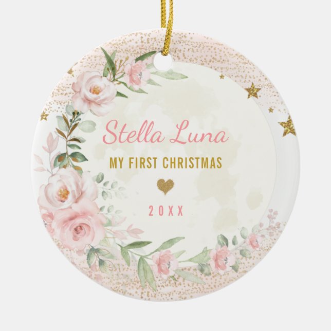 Ornamento De Cerâmica Feminina Blush Dourada Lua Stars Bebê 1rua Natal (Frente)