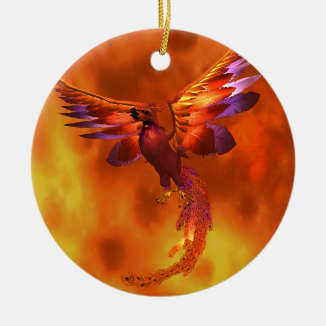 Ornamento De Cerâmica Fênix Colorida Voando Contra um Fundo Fiel (Frente)