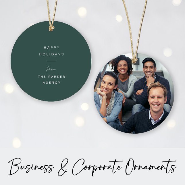 Ornamento De Cerâmica Feriado corporativo | Mínimo com Foto (A modern green business and corporate holiday keepsake ornament with a company photo on the back)