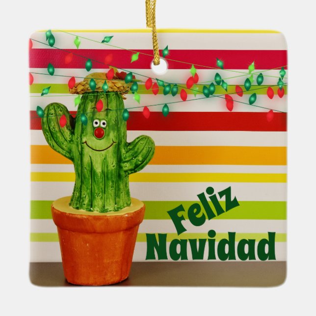 Ornamento De Cerâmica Feriado Cute Personalizado Cactus Feliz Navidad (Frente)
