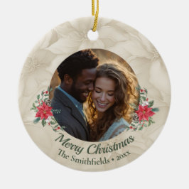 Ornamento De Cerâmica Feriado de Duas Fotografias Dourado, Red Poinsetti