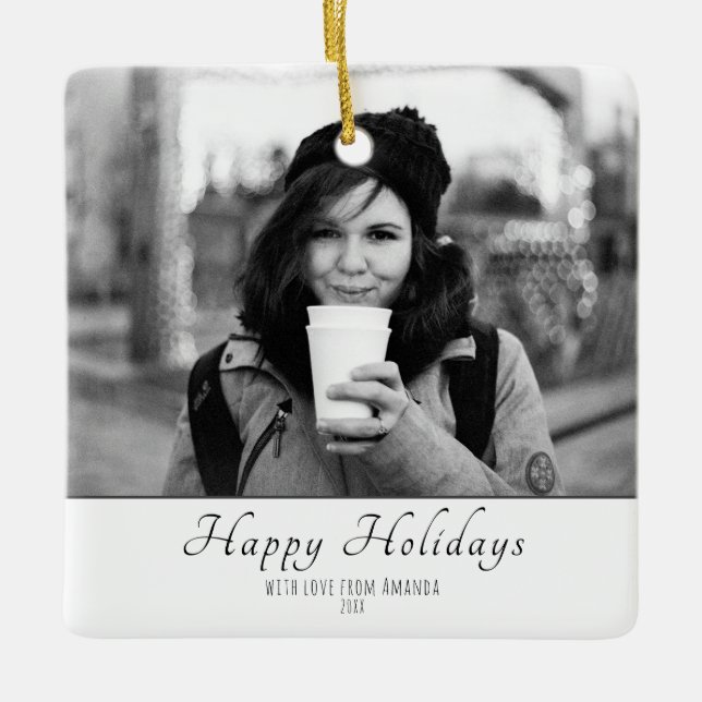 Ornamento De Cerâmica Feriado de Fotografias a Preto e Branco de Script  (Frente)