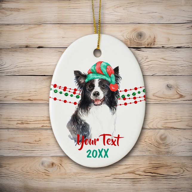 Ornamento De Cerâmica Feriado de Fronteira Collie Santa Hat (Criador carregado)