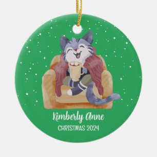 Ornamento De Cerâmica Feriado de inverno com Gatinho de Natal de Gato Bo