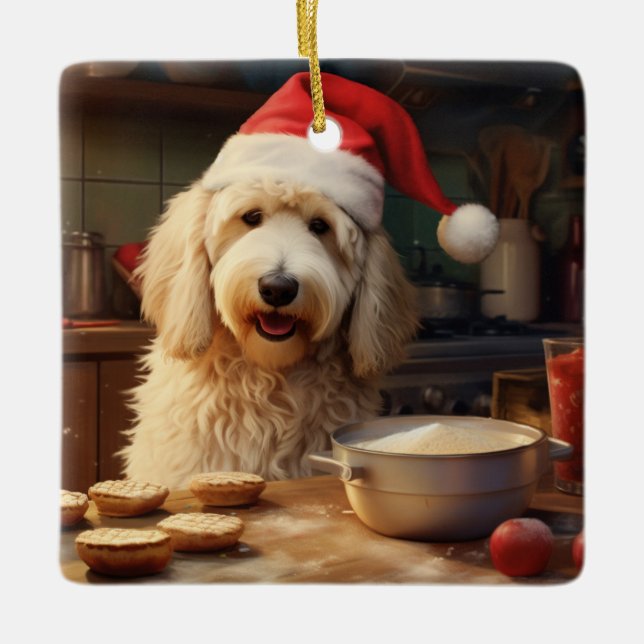 Ornamento De Cerâmica Feriado de Natal de Goldendoodle (Frente)