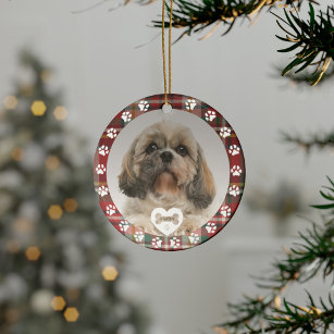 Ornamento De Cerâmica Feriado de Natal de Shh Tzu Dog Pet da xadrez