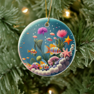 Ornamento De Cerâmica Feriado de Natal do "Fish Bowl Snow Globe"