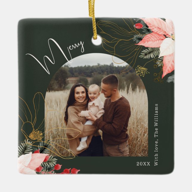 Ornamento De Cerâmica Feriado de Natal Feliz Arco Floral de inverno (Frente)