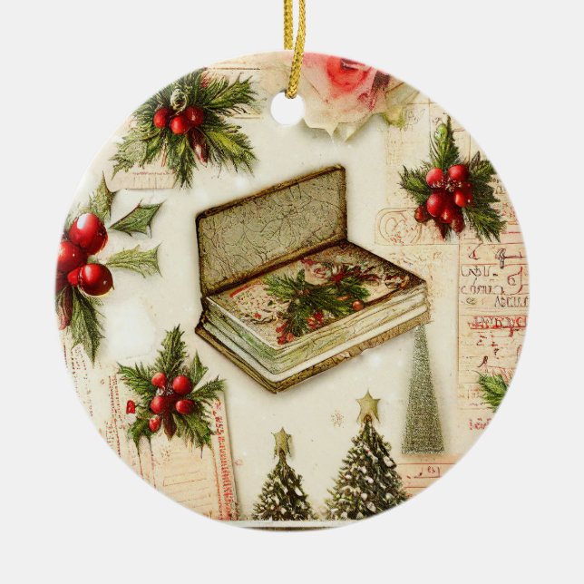 Ornamento De Cerâmica Feriado de Natal Holly Verde Vermelhos Retroativo (Frente)