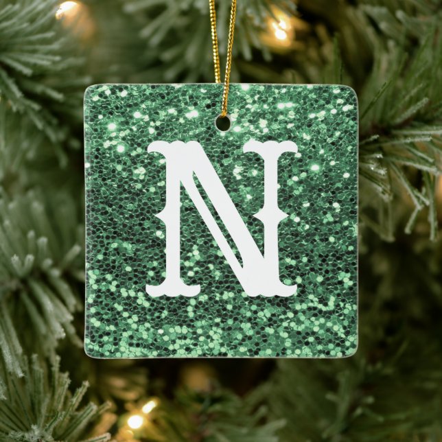 Ornamento De Cerâmica Feriado de Natal Metálico com Glitter Verde Monogr (Árvore)