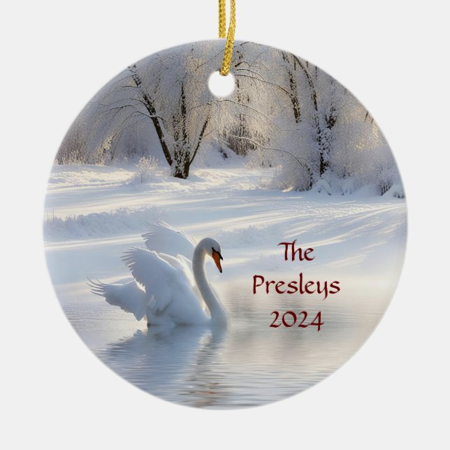 Ornamento De Cerâmica Feriado de Natal Nome Data Personalizada Swan (Frente)