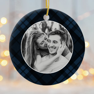 Ornamento De Cerâmica Feriado de Xadrez Tartan do Marinho clássico