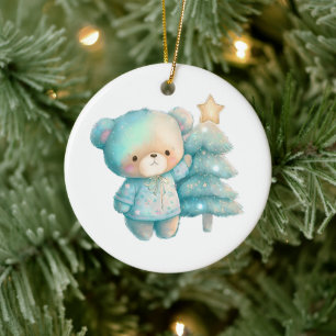 Ornamento De Cerâmica Feriado em Urso Bonito e Árvore de Natal