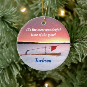 Ornamento De Cerâmica Feriado Engraçado De Pesca Do Gelo