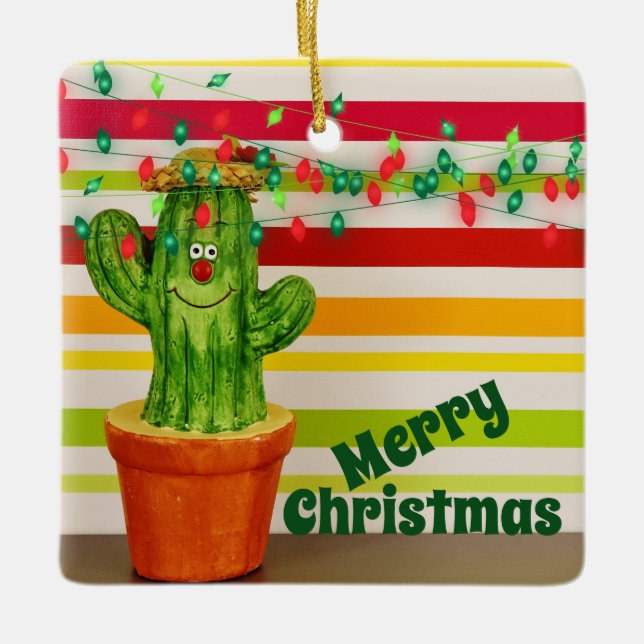 Ornamento De Cerâmica Feriado Feriado Personalizado Cactus Feliz Natal (Frente)