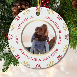 Ornamento De Cerâmica Feriado Festivo de Foto Engajado no Primeiro Natal