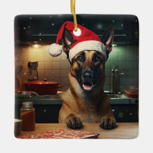 Ornamento De Cerâmica Feriado Festivo de Natal em Malinois Belga (Frente)