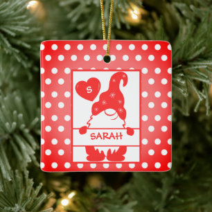 Ornamento De Cerâmica Feriado Fresco Gnomo Bolinhas Red White Nome Ano