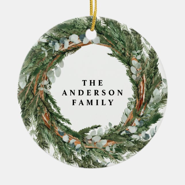 Ornamento De Cerâmica Feriado moderno e mínimo da coroa foliar (Frente)