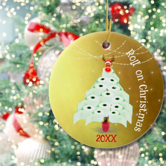 Ornamento De Cerâmica Feriado Natal Roll Tree Luzes Douradas (Criador carregado)