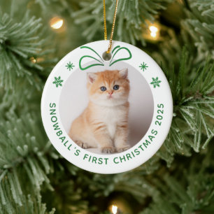 Ornamento De Cerâmica Feriado Personalizado de Foto Pet Cat Primeiro Nat