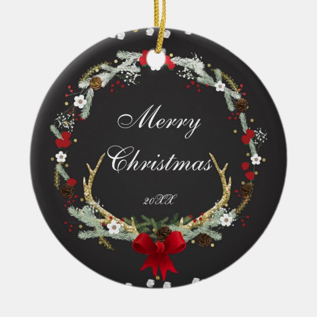 Ornamento De Cerâmica Feriado Russo de Natal Antler Wreath Personalizado (Frente)