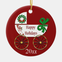 Ornamento De Cerâmica Feriados felizes da carruagem de bebês