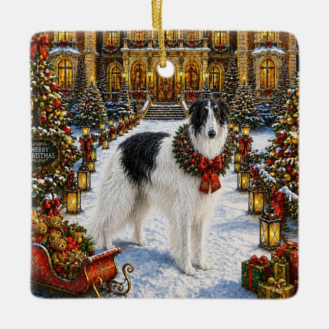 Ornamento De Cerâmica Férias do Borzoi  (Frente)