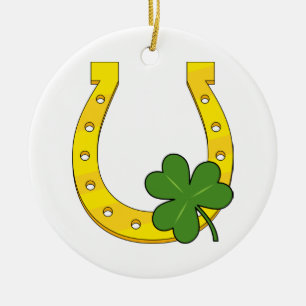 Ornamento De Cerâmica Ferradura de Ouro Sortudo com Shamrock em Branco
