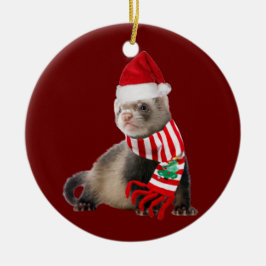 Ornamento De Cerâmica Ferret com o chapéu de Natal