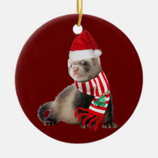 Ornamento De Cerâmica Ferret com o chapéu de Natal