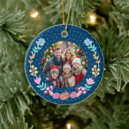 Ornamento De Cerâmica Feshire Cat Floral Wreath Marinho Natal