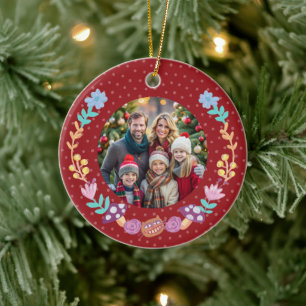 Ornamento De Cerâmica Feshire Cat Floral Wreath Red Christmas