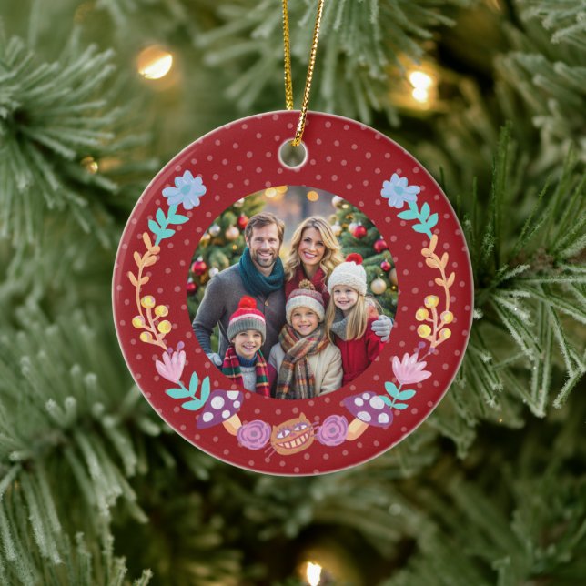 Ornamento De Cerâmica Feshire Cat Floral Wreath Red Christmas (Árvore)