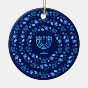 Ornamento De Cerâmica Festa das Luzes de Hanukkah Mandala Blue