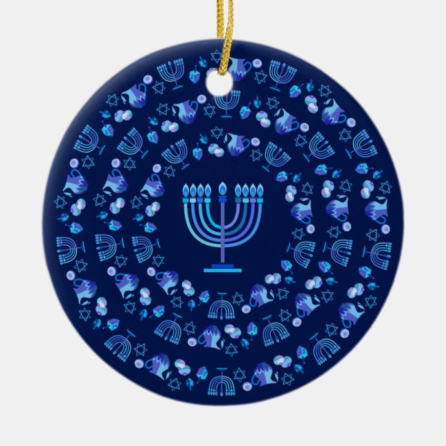 Ornamento De Cerâmica Festa das Luzes de Hanukkah Mandala Blue (Frente)